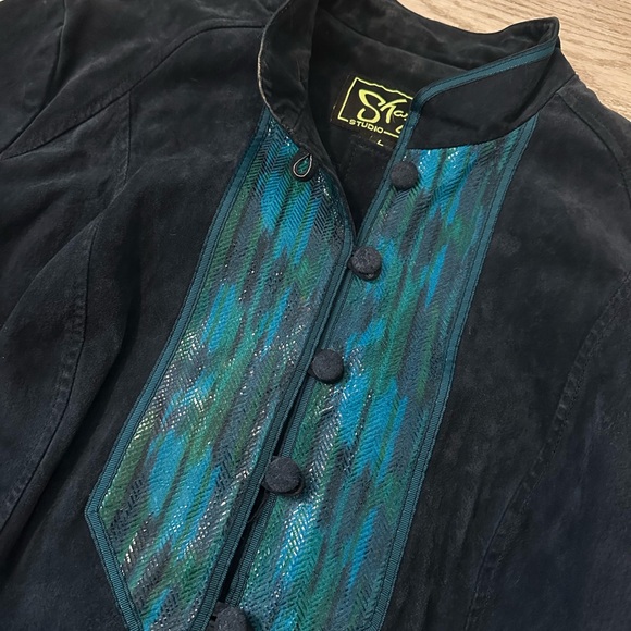Vintage Sharif western women's suede jacket navy with turquoise accent - Picture 5 of 8